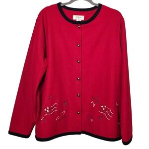 Vintage Banks 1X Red Patriotic Cardigan Sweater Stars USA Flag Embroidered EUC